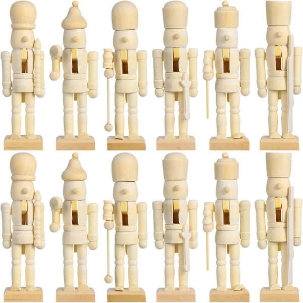 6Pcs Unfinished Wooden Nutcracker Unpainted Christmas Wood Nutcracker Soldier Figurine