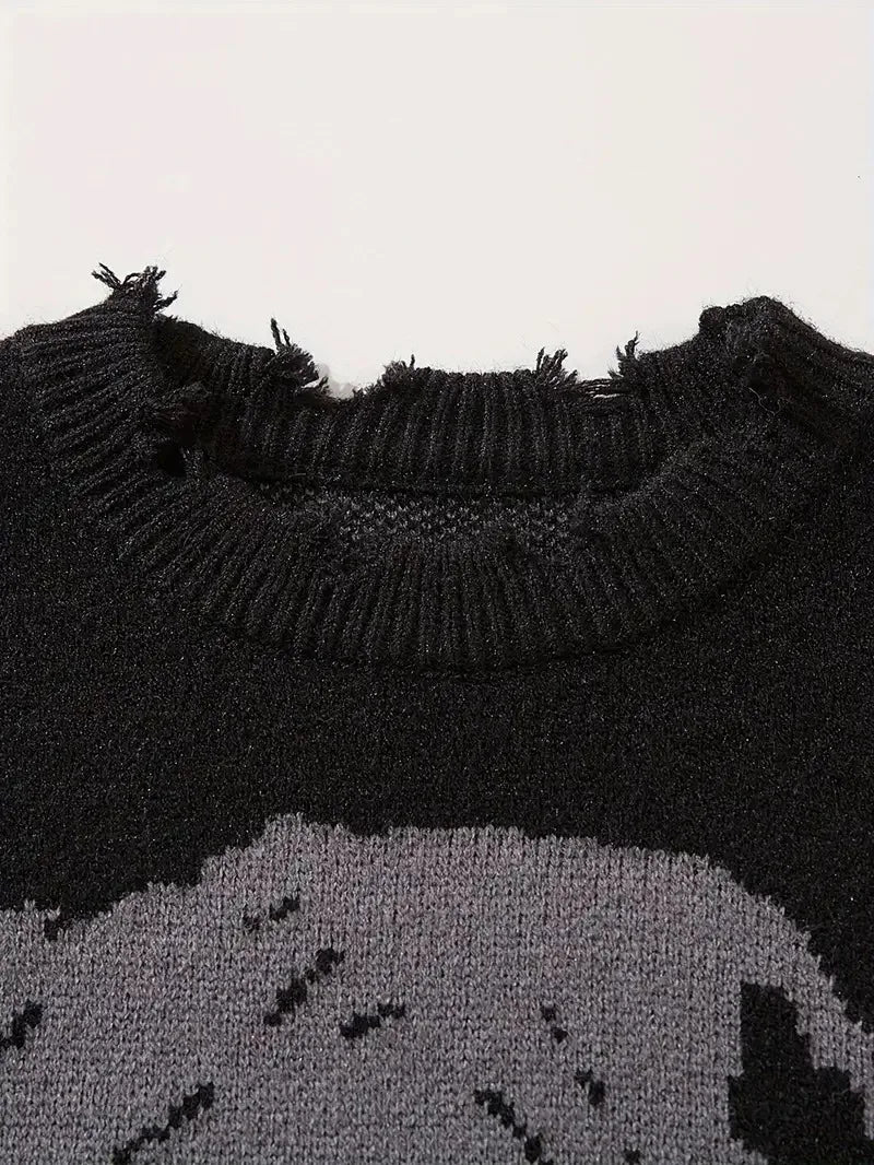 Custom Men'S Cozy Halloween Skeleton Knit Ripped Sweater Casual Stretch Crew Neck
