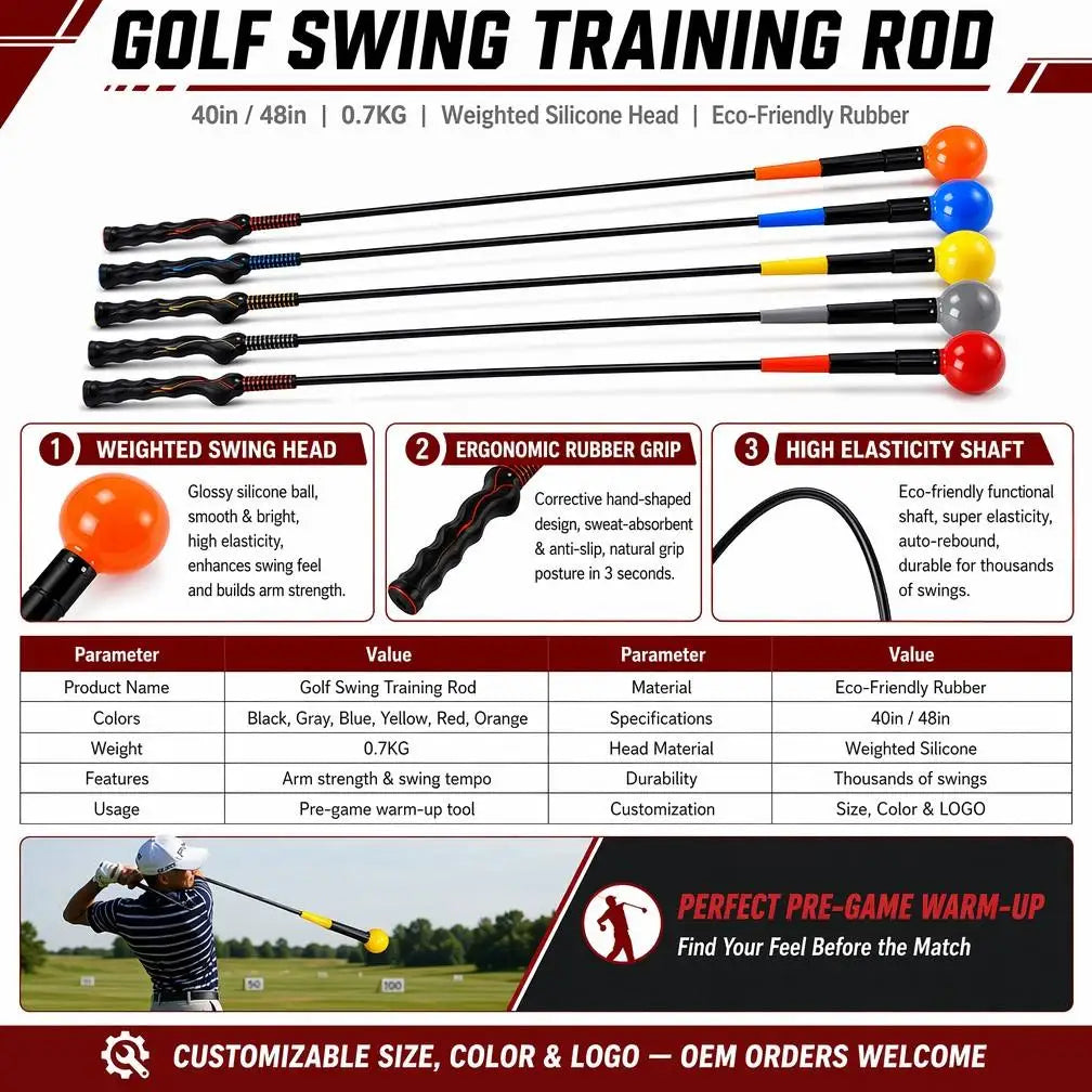 Weighted Silicone Head Golf Swing Training Rod, 40in/48in Eco-Friendly Rubber Shaft
