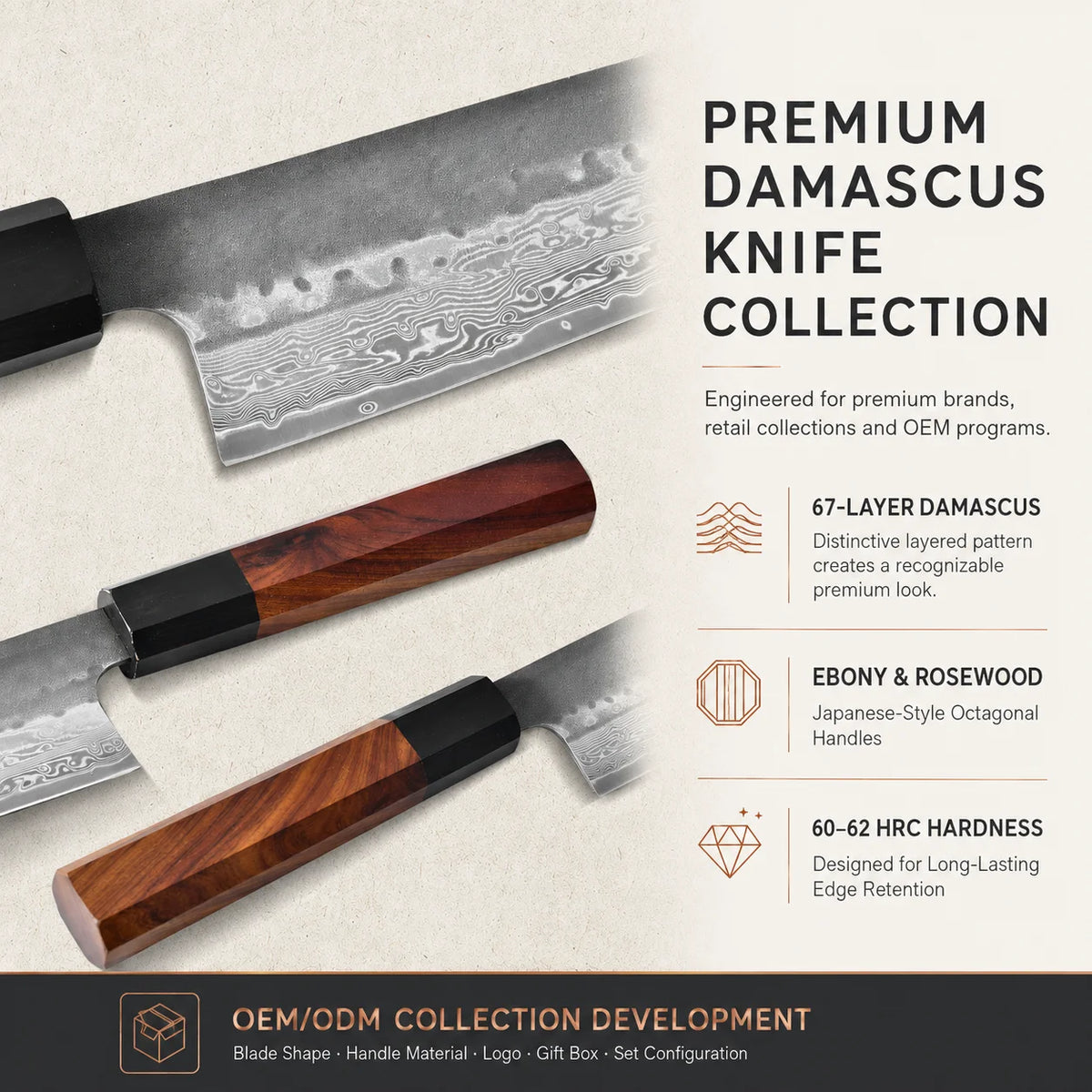 Professional Japanese Style Damascus Steel Kiritsuke Chef Knife Set 2-Piece Kitchen Tools