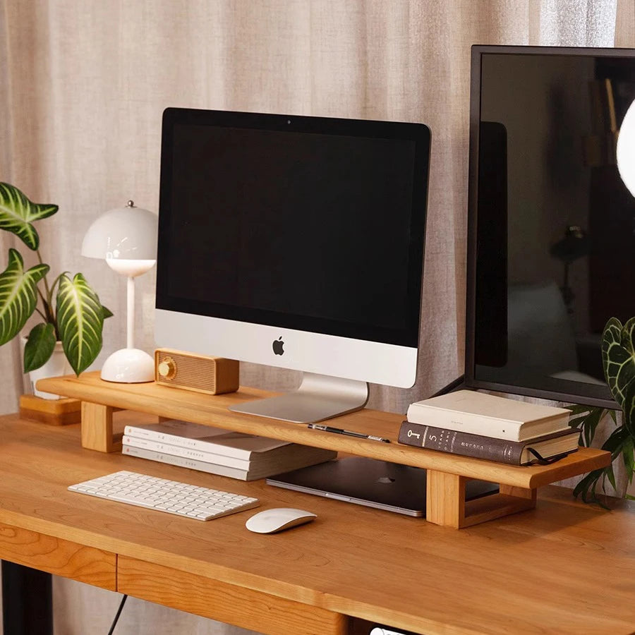 Custom Cherry Walnut Wood Monitor Stand Ergonomic Computer Riser & Desk Organizer