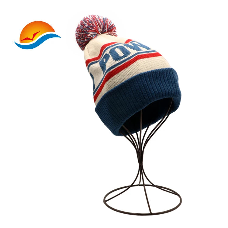 Custom Embroidered Jacquard Knitted Beanie Hat With Pom Pom Knitted Winter Hats