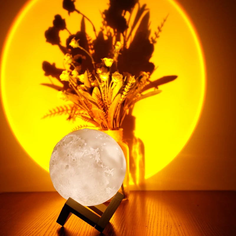 Mini Sunset Projection 3D Moon Lamp PVC USB Rechargeable Dimmable LED Night Light Bedroom