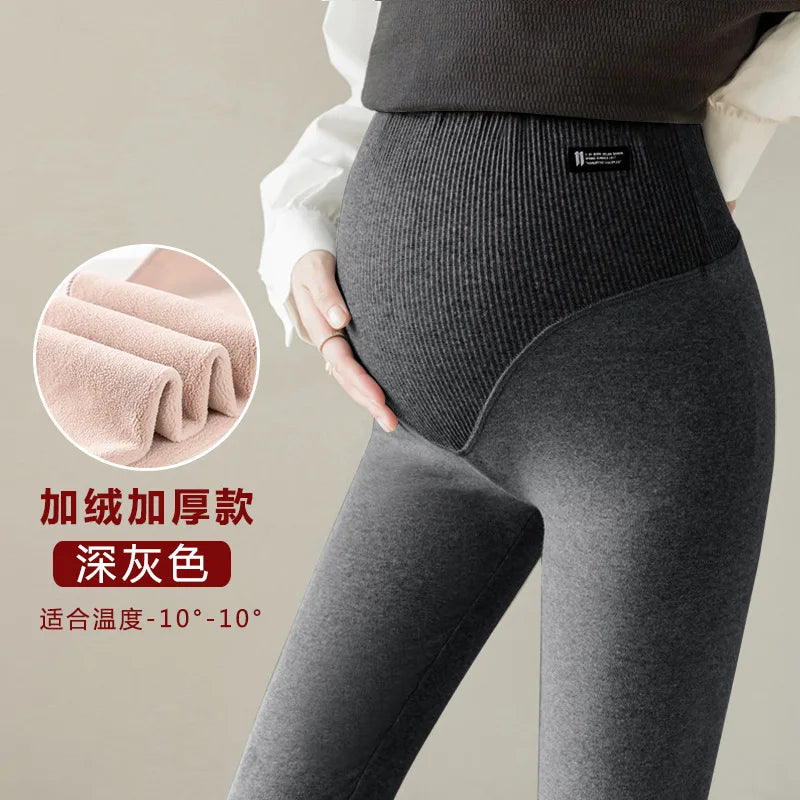 Autumn Winter Maternity Pants Fleece-Lined Breathable Thickened Outerwear Leggings Ribbed