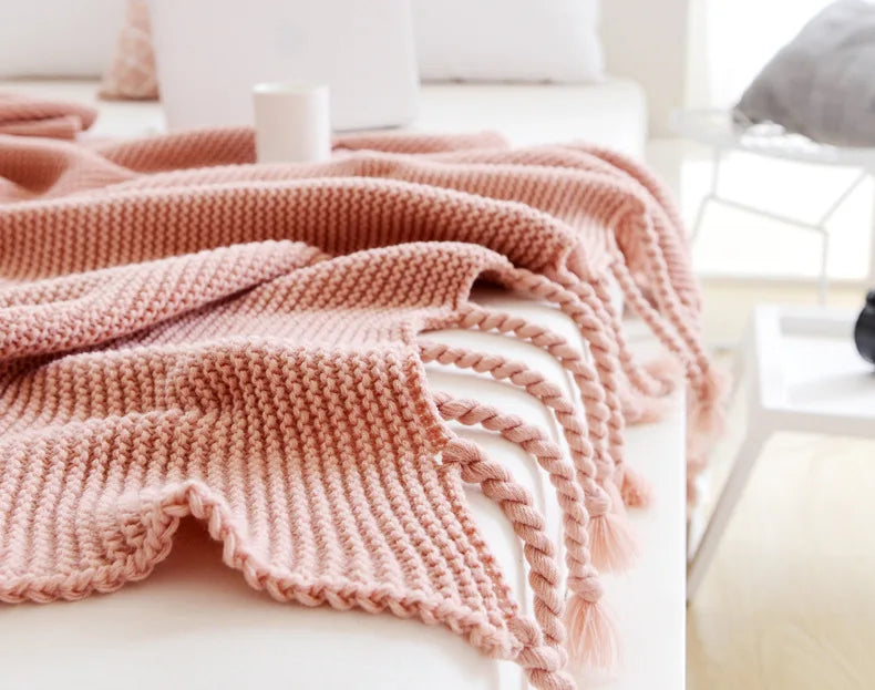 Luxury Knit Throw Blanket for Travel Picnic Beach Soft Chunky Cozy Fringed Warm Polyester