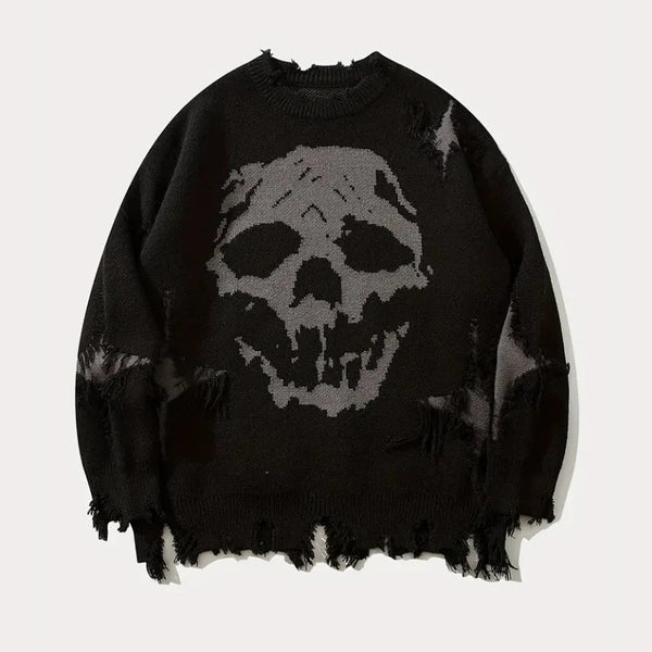 Custom Men'S Cozy Halloween Skeleton Knit Ripped Sweater Casual Stretch Crew Neck
