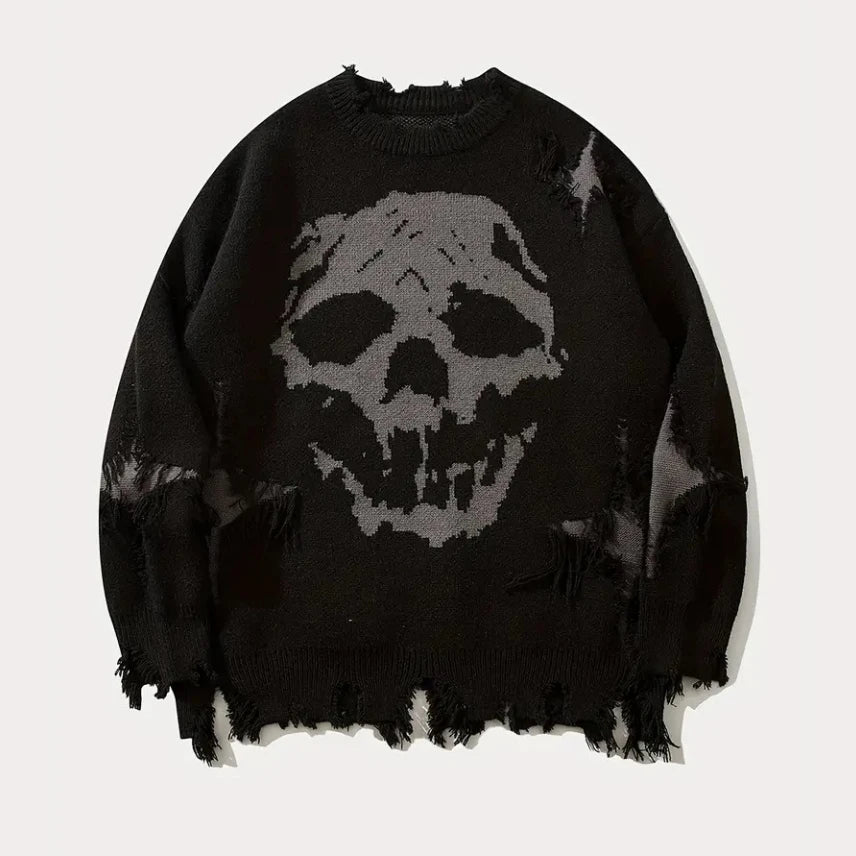 Custom Men'S Cozy Halloween Skeleton Knit Ripped Sweater Casual Stretch Crew Neck