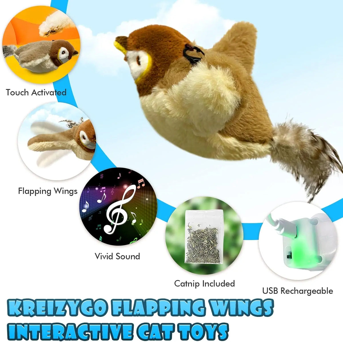 Flapping Wings Sparrow Chirping Bird Interactive Catnip Toy Touch Activated Rechargeable