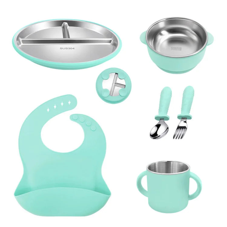 Children'S New Silicone & Stainless Steel Baby Toddler Feeding Cutlery Set 6 in 1 BPA