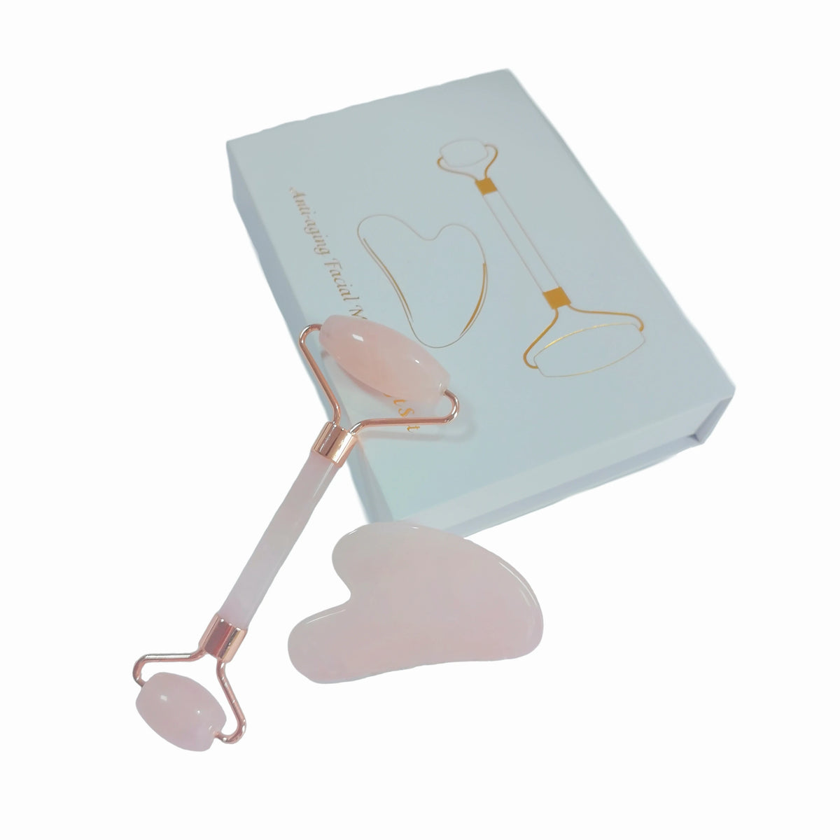 Rose Quartz Jade Massage Roller & Gua Sha Board Set with Box