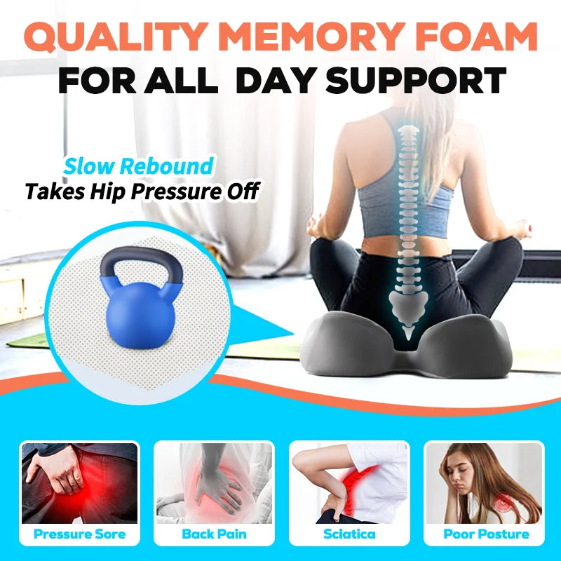 Ergonomic Memory Foam Seat Cushion with Coccyx Cut-Out for Office and Car