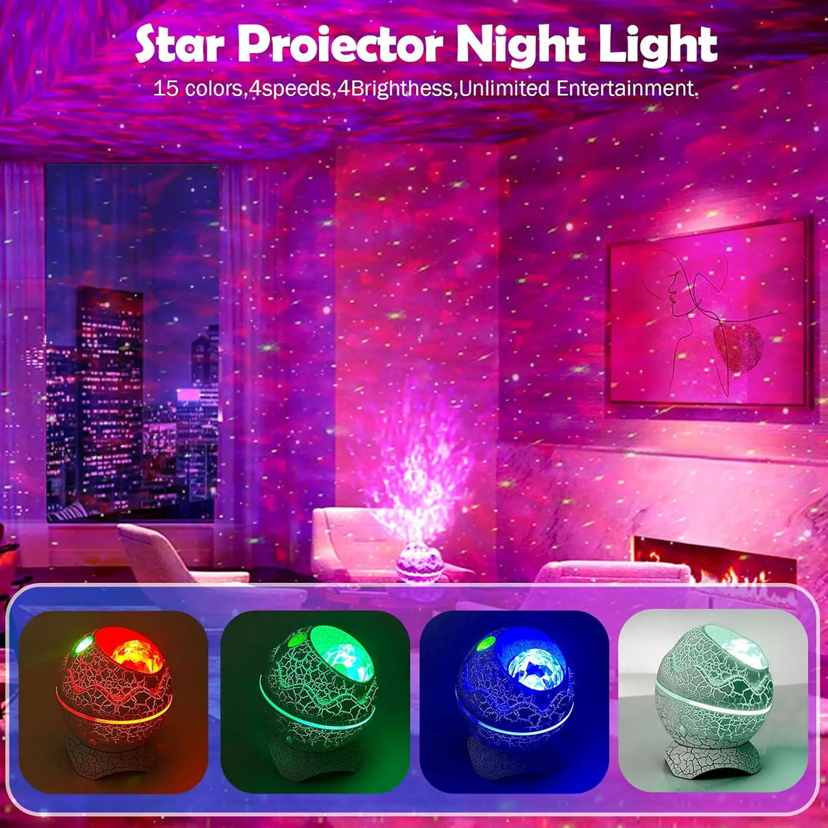Starry Star Dinosaur Egg Projector Night Light BT Music Speaker Ocean Wave Kids Adults
