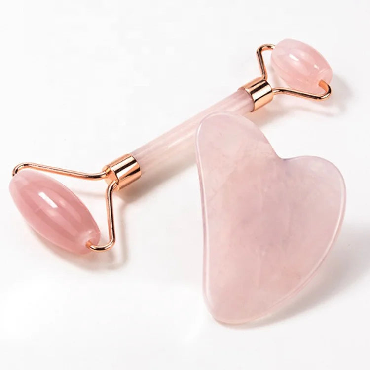 Custom Natural Rose Quartz Pink Crystal Gemstone Heart Body Facial Gua Sha Massage Set