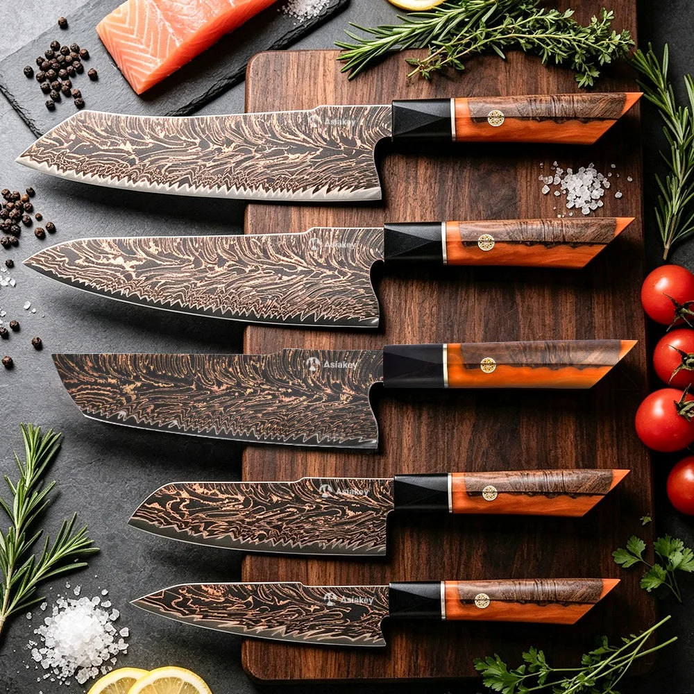 5 PCS 3- Color Copper Cu-Mai Damascus Steel Chef Knife Set With Stabilized Wood Resin