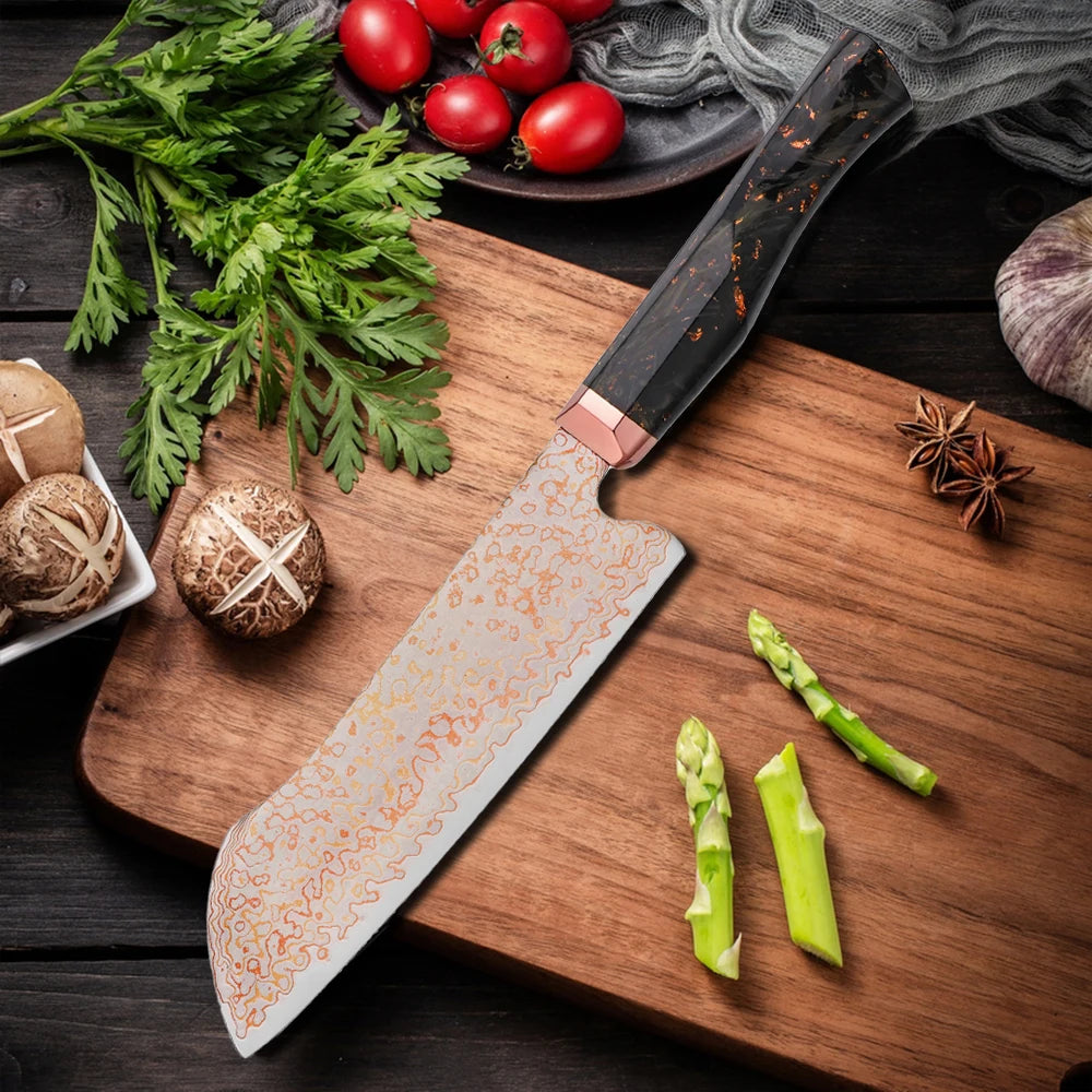 Japanese 77 Layers Rainbow Damascus VG10 10Cr15CoMoV Santoku Kitchen Knife Copper Bolster