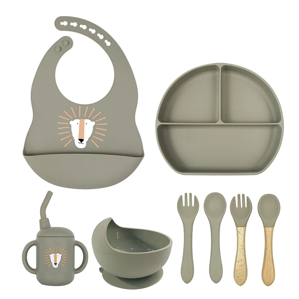 8pc Bebe Silicone Feeding Set Toddler Weaning Set Suction Bottom Infant Dining Tableware