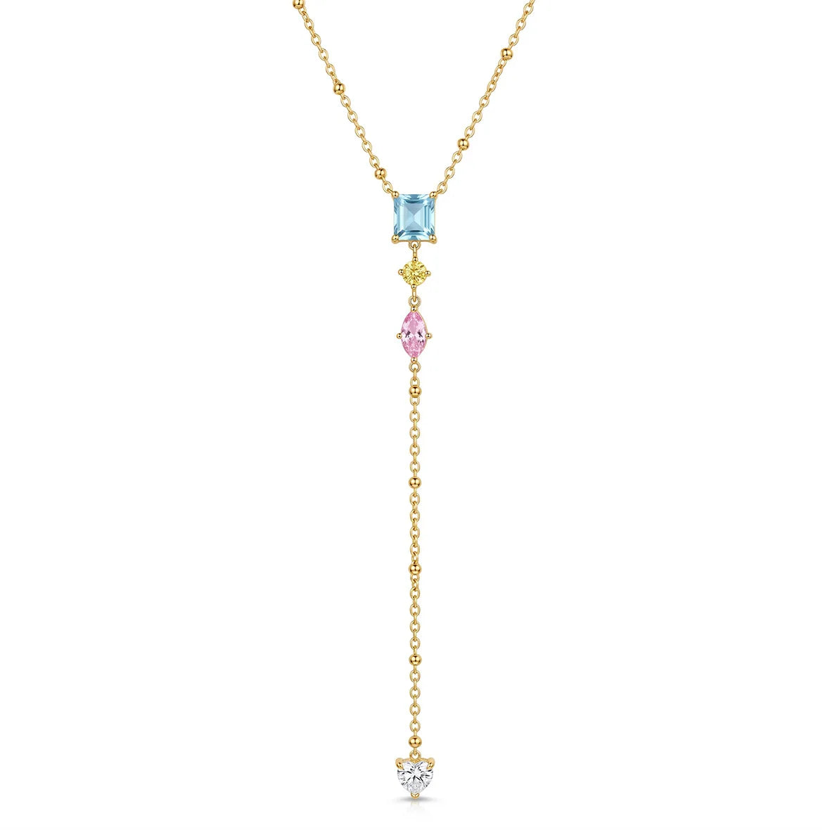 Stainless Steel Y-Drop Multicolor Crystal Pendant Necklace 18K Gold Plated Heart CZ Stone