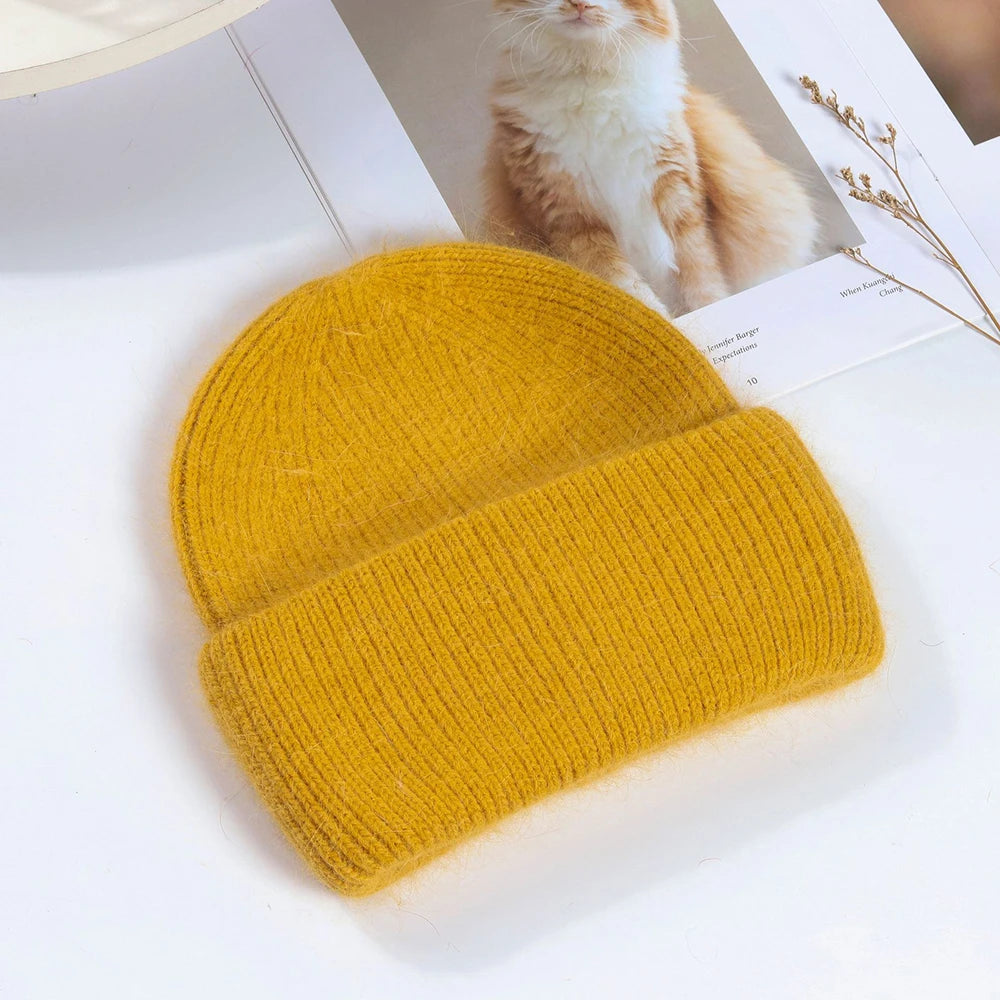 Knit Beanie Hat Real Angora Rabbit Fur Slouchy Skull Cap Winter Warm Stocking Hats