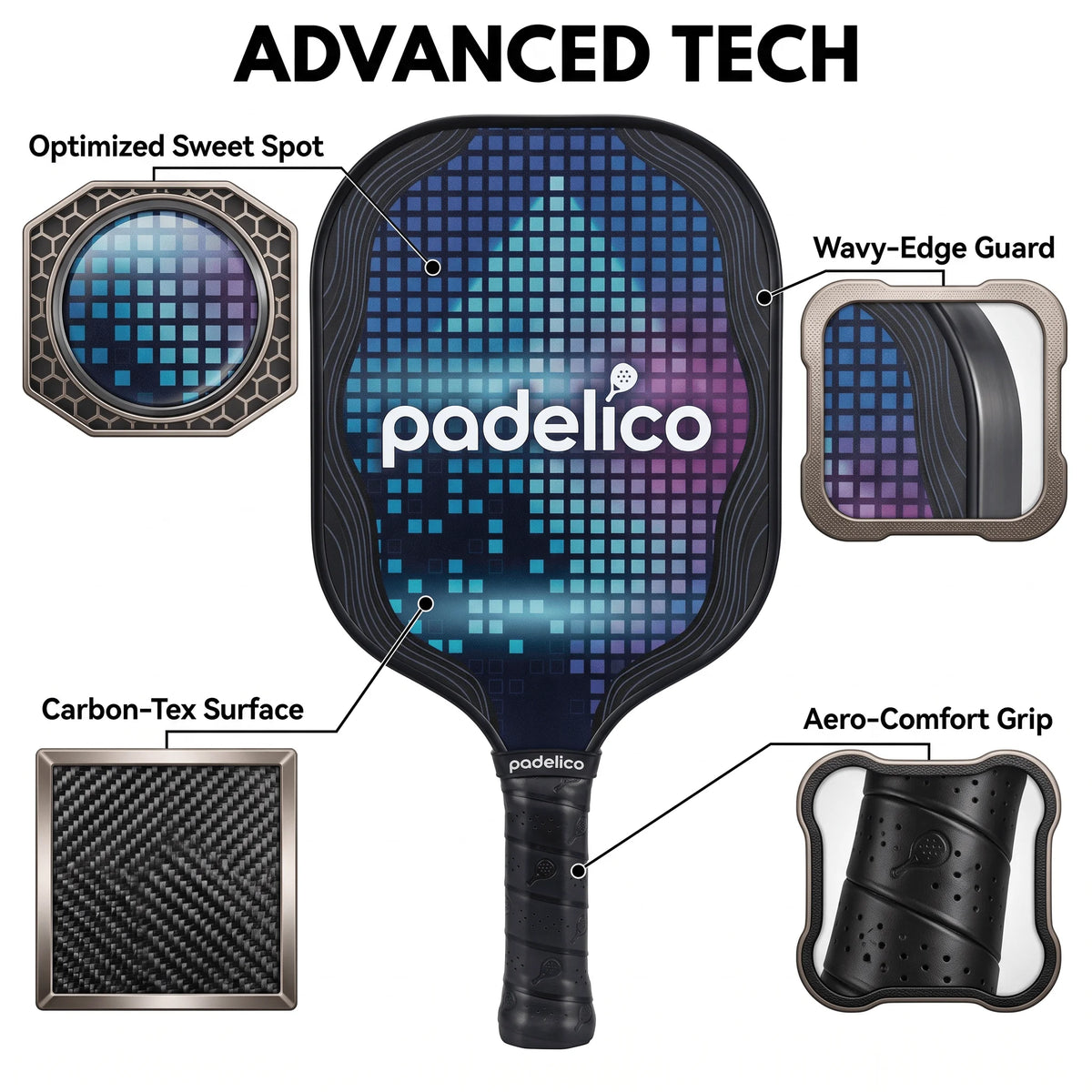 Rectangular Fiberglass Pickleball Paddle Full Set, 11mm Thick and 230g Weight