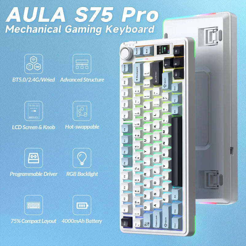 S75 PRO Wireless RGB Mechanical Keyboard with Screen&Knob, 75% Hot Swappable Gaming