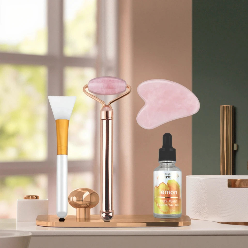 Crystal Rose Quartz Jade Roller Gua Sha Packaging Organic Skincare Set With Box