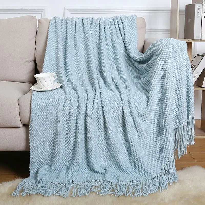 Chunky Knitted Blanket Sofa Throw Blanket With Tassels Weighted Blanket for Winter
