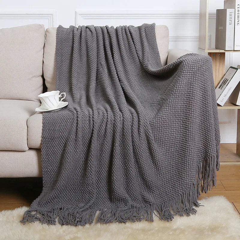 Chunky Knitted Blanket Sofa Throw Blanket With Tassels Weighted Blanket for Winter