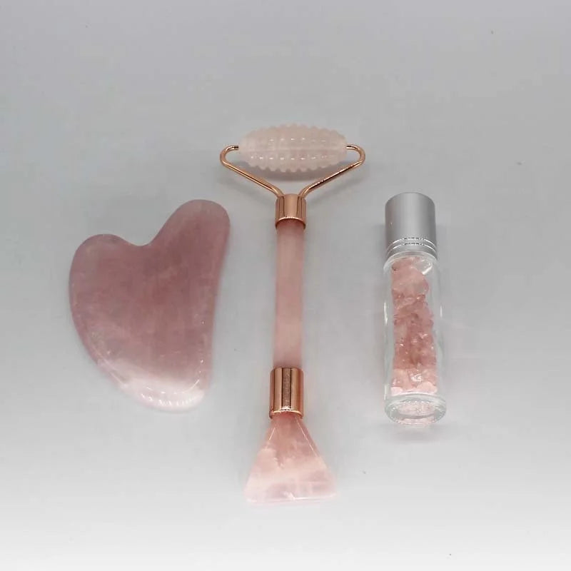 Custom Natural Rose Quartz Pink Crystal Gemstone Heart Body Facial Gua Sha Massage Set