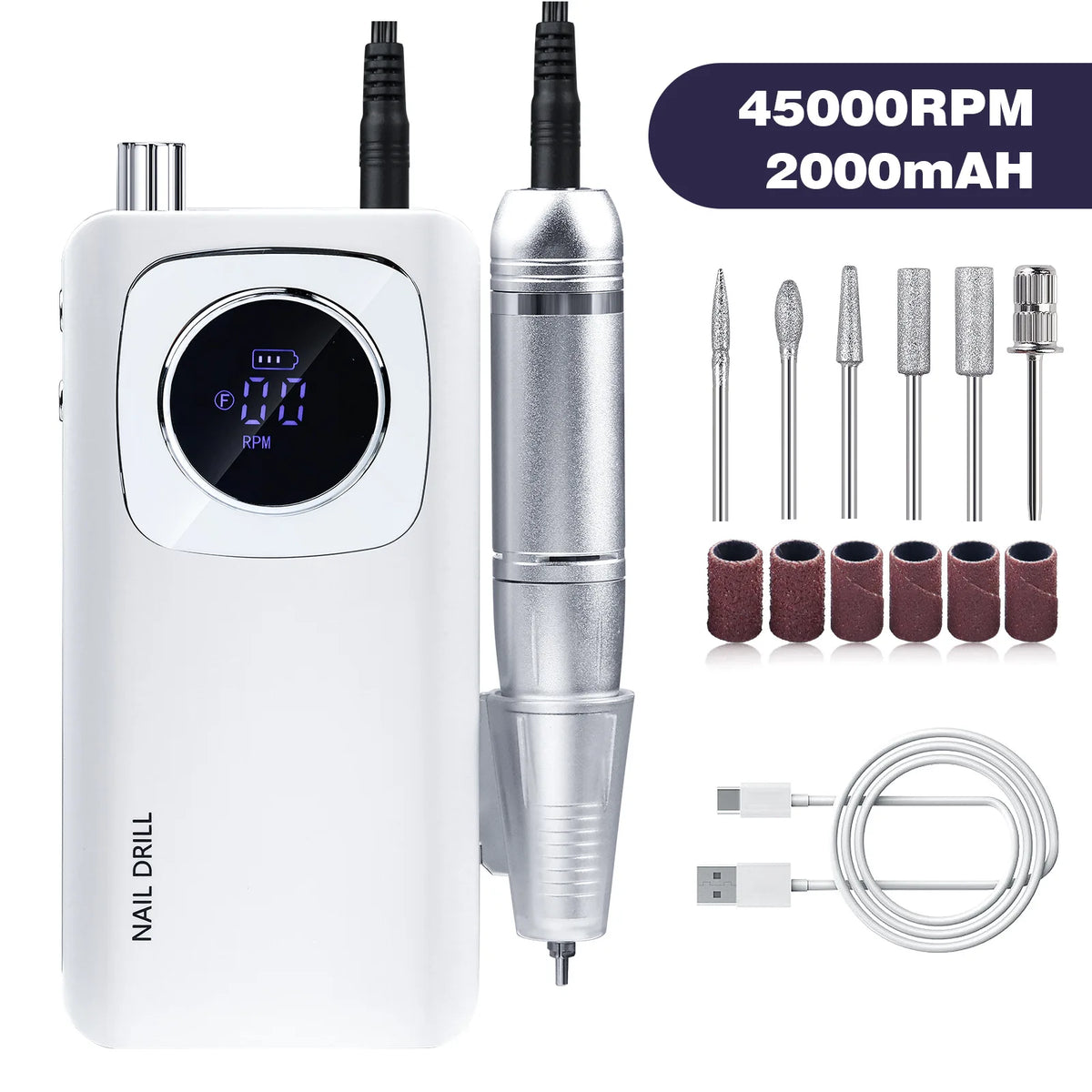 Professional Nail Drill Portable Rechargeable 45000RPM High Speed Electric Nail Polish
