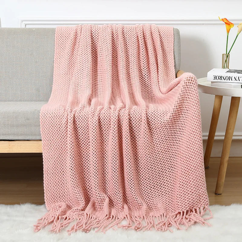 Chunky Knitted Blanket Sofa Throw Blanket With Tassels Weighted Blanket for Winter