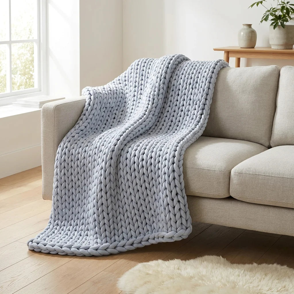Handmade Premium Chunky Knitted Weighted Blanket for Anxiety Relief, Breathable Cotton