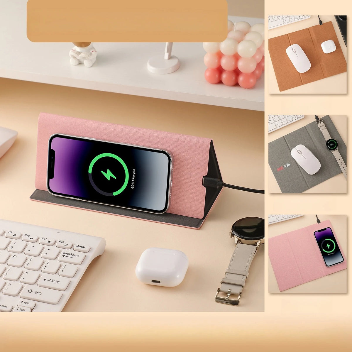 15W Fast Wireless Charging Mouse Pad, Small PU Leather Non-Slip Desk Mat with for Office