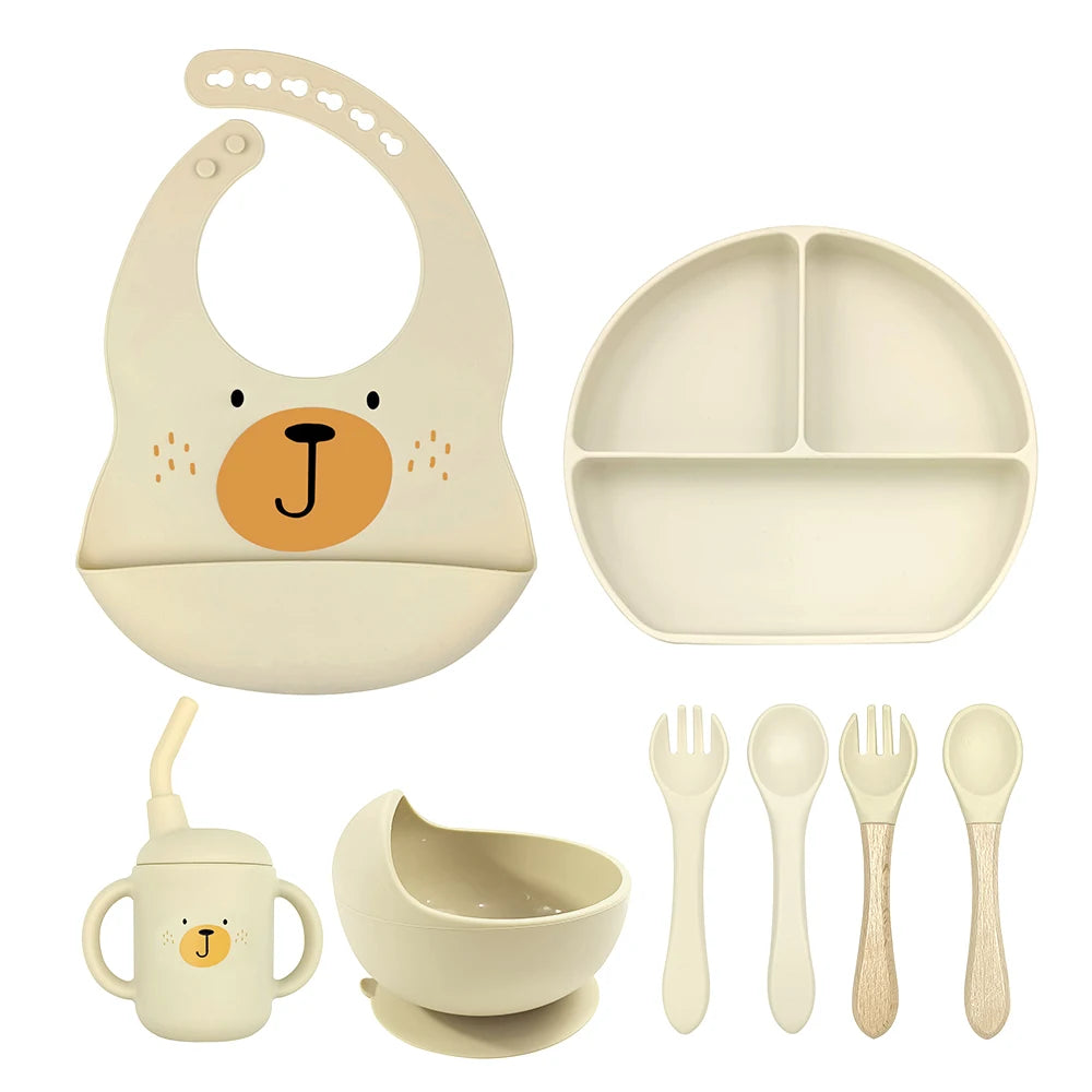 8pc Bebe Silicone Feeding Set Toddler Weaning Set Suction Bottom Infant Dining Tableware