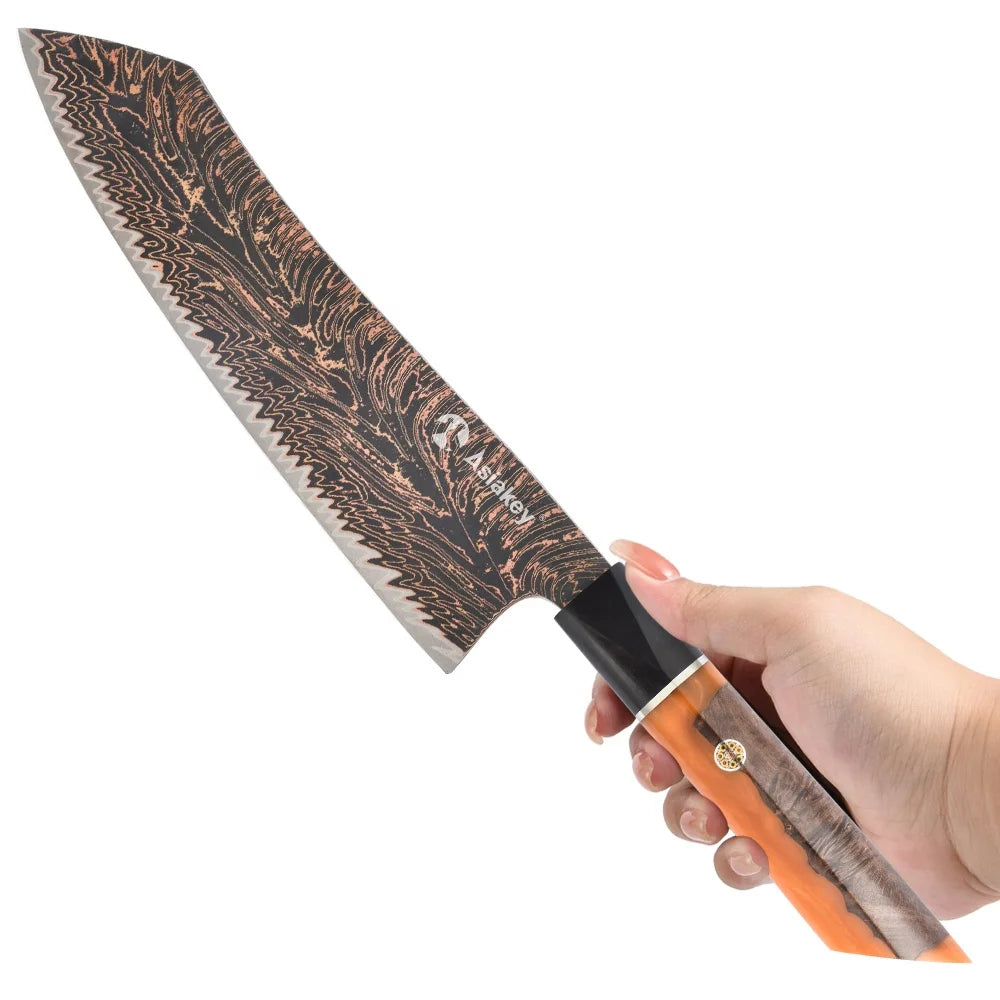 5 PCS 3- Color Copper Cu-Mai Damascus Steel Chef Knife Set With Stabilized Wood Resin