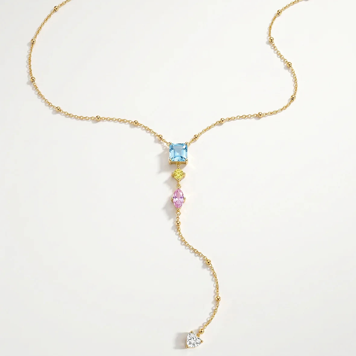 Stainless Steel Y-Drop Multicolor Crystal Pendant Necklace 18K Gold Plated Heart CZ Stone