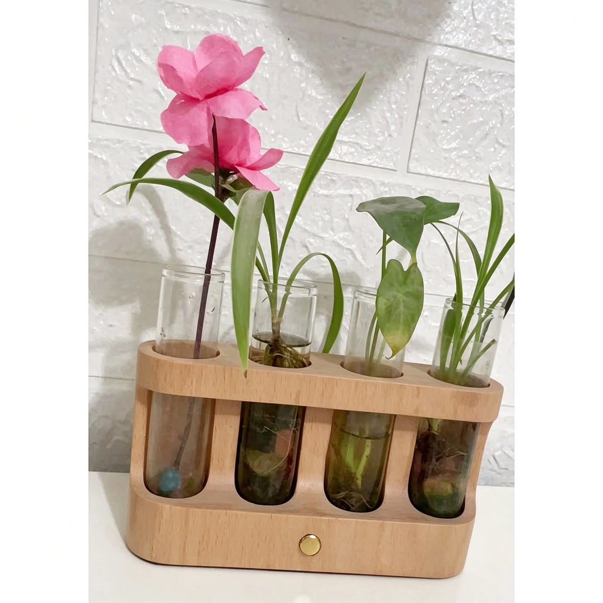 Wooden Hydroponic Planter with LED Light 4 Glass Test Tube Vase Desktop Plant Propagation