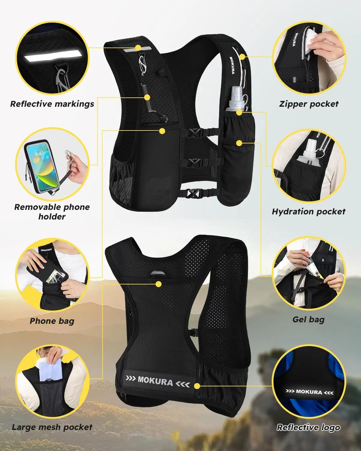 Unisex Running Vest Lightweight Hydration 500ML Soft Flask Phone Holder Reflective