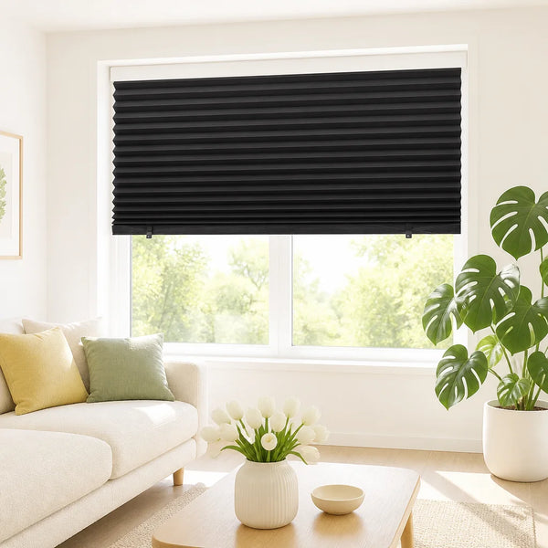 Black Paper Pleated Shade Cordless Self Adhesive Window Blind No Drill Custom Size