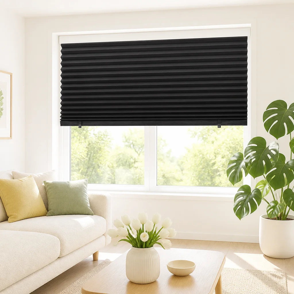 Black Paper Pleated Shade Cordless Self Adhesive Window Blind No Drill Custom Size