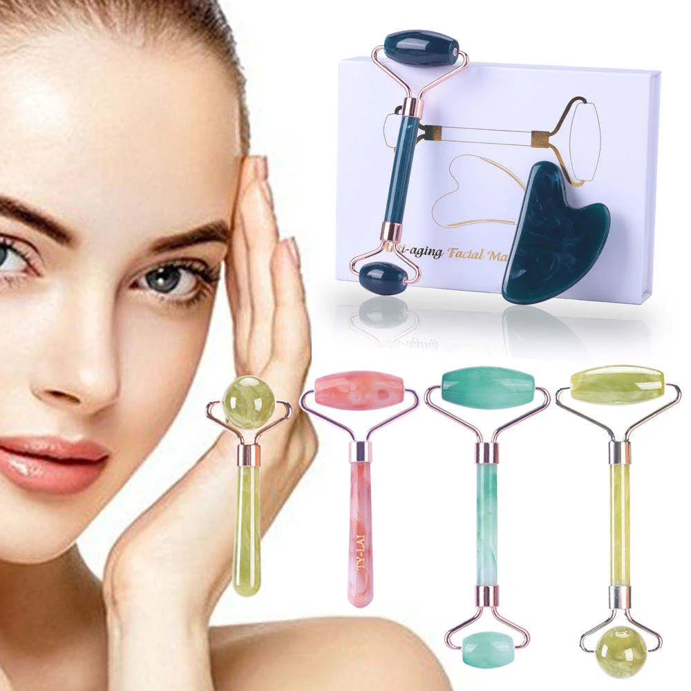 Natural Beauty Care Tool Quartz Jade Face Massage Gua Sha Set Including Jade Roller