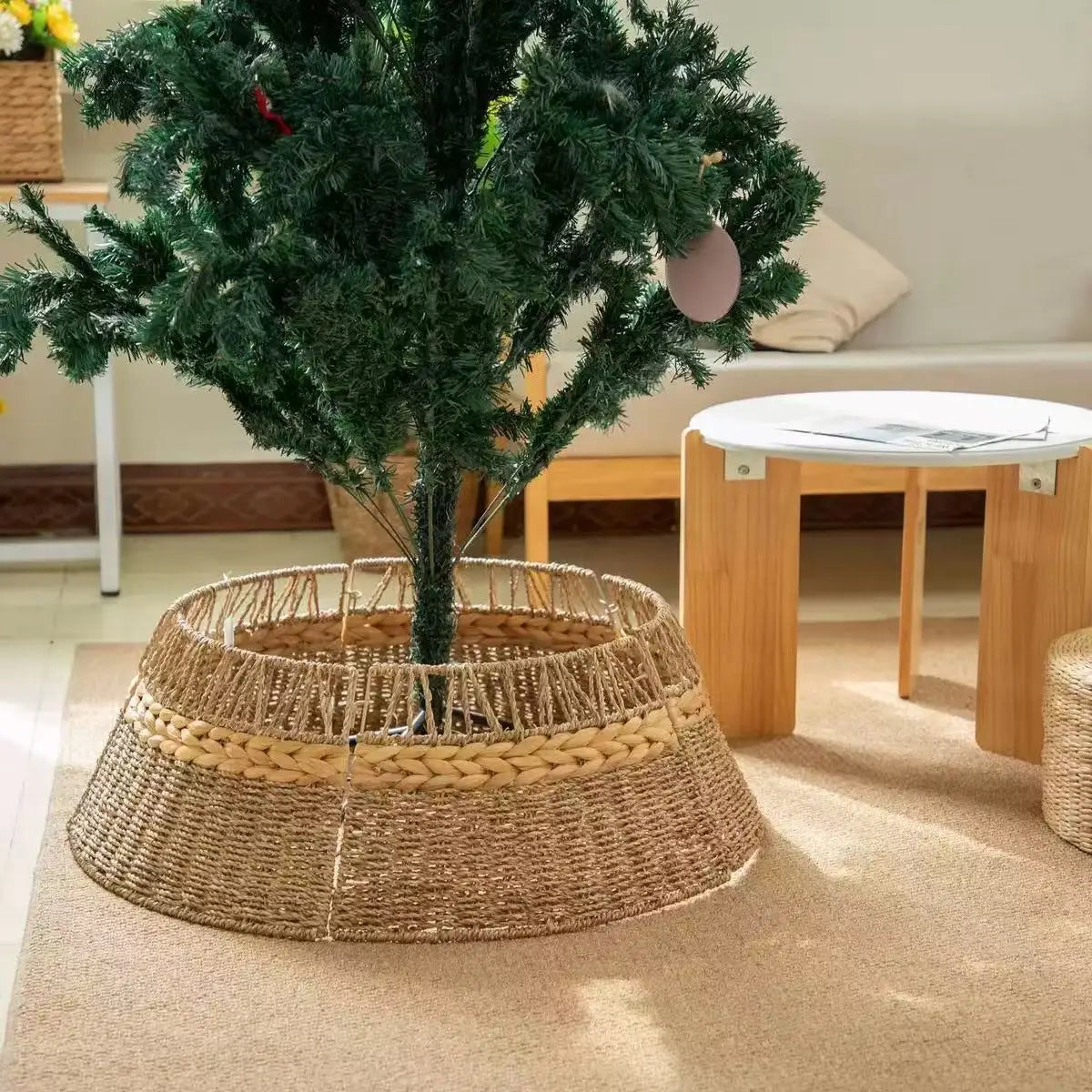 Handwoven Rattan Christmas Tree Collar Woven Tree Skirt Base Cover for Christmas Decor