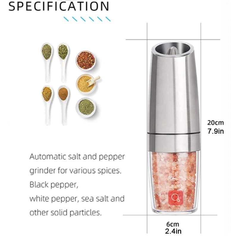 Adjustable Coarseness Electric Pepper & Salt Grinder with LED Light Stainless Steel