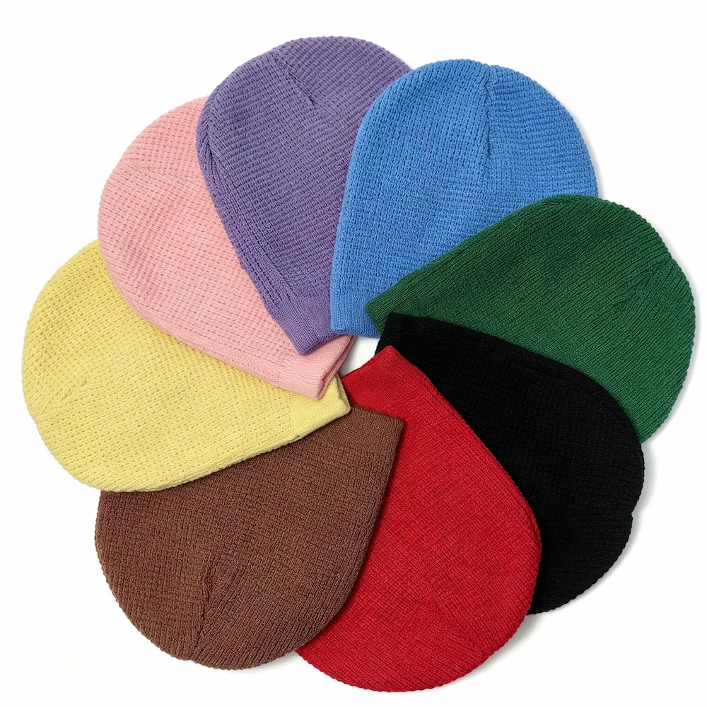 Thermal Good Elasticity Acrylic Flat Embroidery Waffle Knitted Beanie Skull Cap