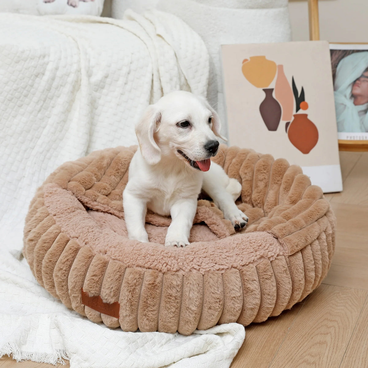 Hooded Faux Fur Donut Pet Bed for Cats and Small Dogs, Machine Washable