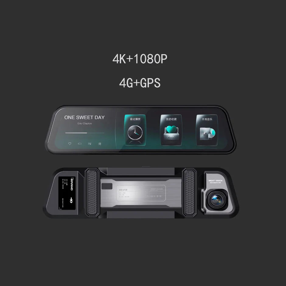 4G GPS 9.66 Inch Black Dash Cam Car DVR Mirror Front/Rear 4K+1080P HD Touch Screen Video