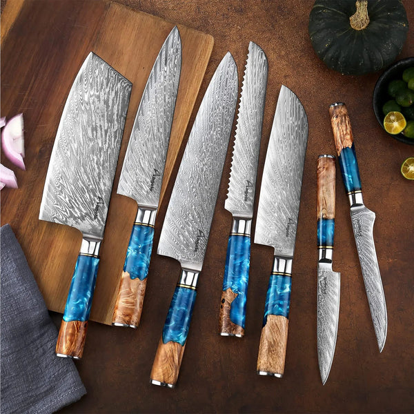 Damascus Steel VG10 Blue Resin Wood Handle 7 Piece Kitchen Chef Bread Santoku Knives