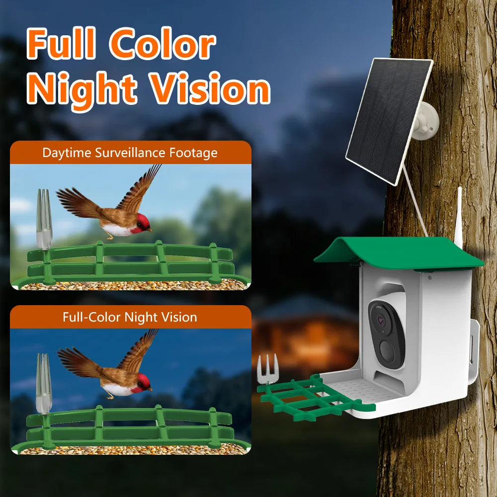Bird Feeder Camera with AI Bird Recognition Solar-Powered Voice Intercom & Full-Color