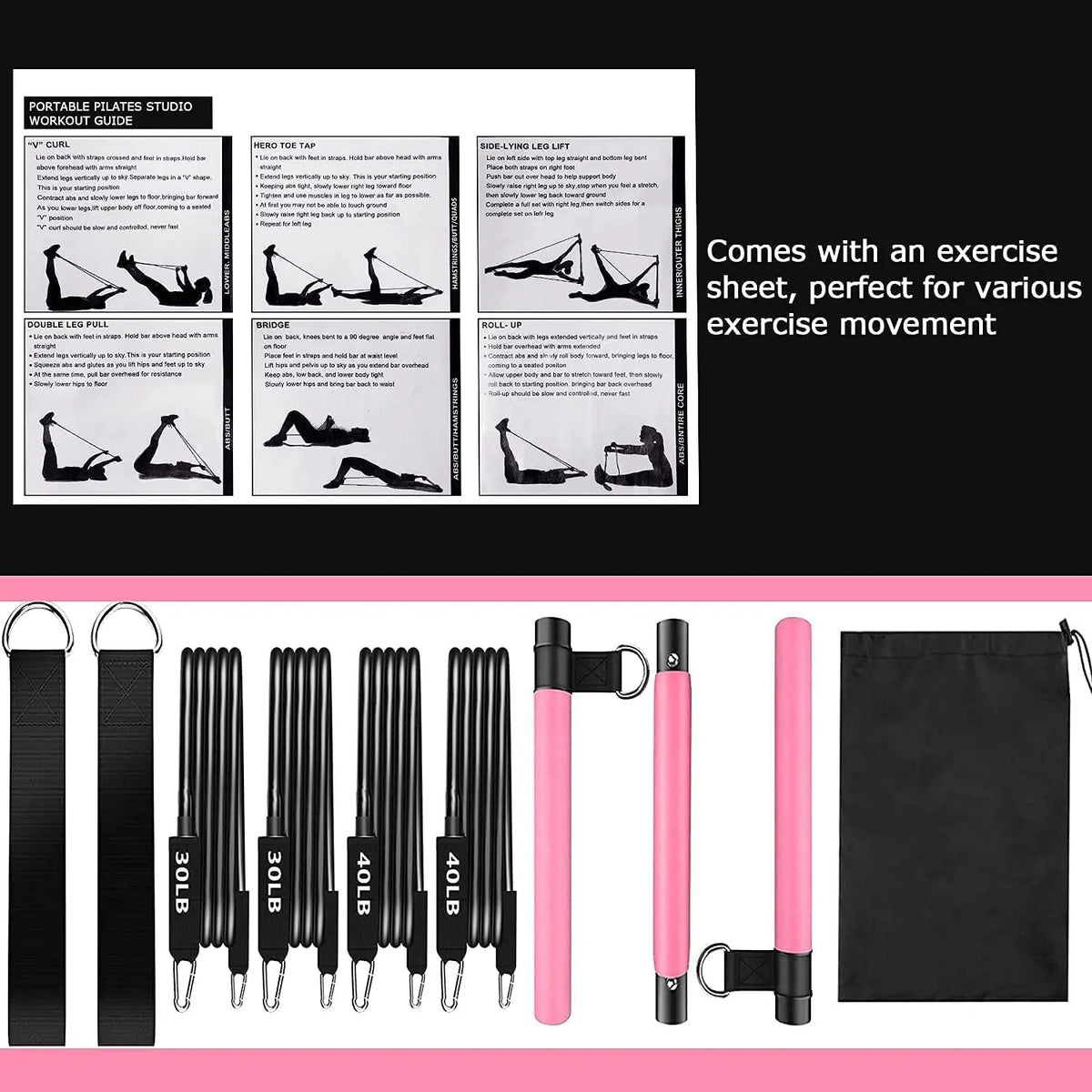 Home Portable 3 Sections Pilates Bar Kit with Resistance Bands for Men and Women Home Gym