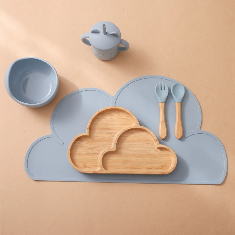 PGJ1201 Cartoon Design Silicone Baby Tableware Set Includes Plate Bowl Spoon Fork Sippy