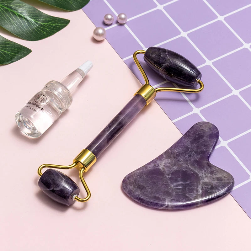 Natural Pink Crystal Rose Quartz Jade Roller Guasha for Face Brush and Jade Roller Guasha